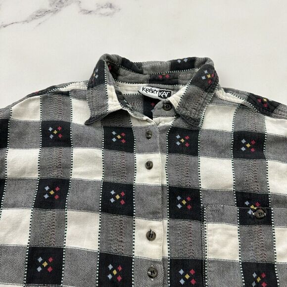 Krazy Kat Womens Vintage 90s Flannel Plaid Shirt Size L Gray White Button Front - Picture 2 of 11